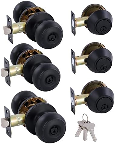 GITRANG (3 Pack All Keyed Identical Deadbolt Door knob Single Cylinder Deadbolt Lock Combo Set, Classic Matte Black Exterior Door Knobs with Deadbolt Entrance and Front Door Lock