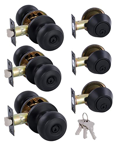 Gitrang (3 Pack All Keyed Identical Deadbolt Door Knob Single Cylinder Deadbolt Lock Combo Set, Classic Matte Black Exterior Door Knobs With Deadbolt Entrance And Front Door Lock #TOP2