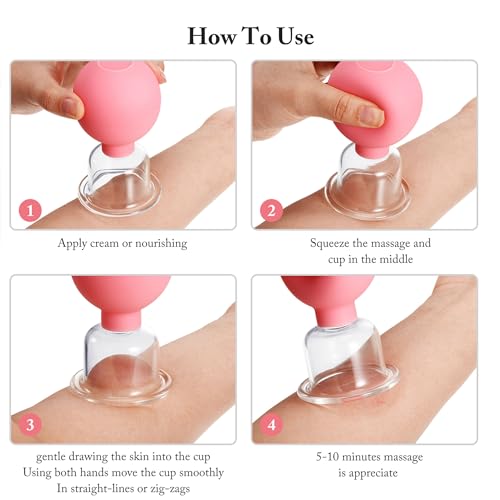 Image of BBTO 4 Pieces Glass Cupping Set Glass Silicone Cupping Cups Massage Vacuum Suction Cupping Cups for Body Face Leg Arm Back Shoulder Muscle and Joint Pain (Pink)