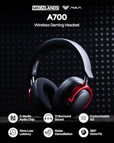 Image of MechLands Aula A700 Wireless Gaming Headset with 7.1 Surround Sound, 50mm Driver, 2.4GHz /BT /Wired, Gaming Headphone with Noise Canceling Mic, RGB Light, 40H Battery, for PS4 /PS5 /PC /Switch (Black Red)