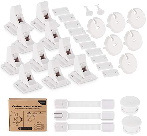 19pz Cerraduras de Seguridad para Niños, incluye 10 Cerraduras Magnéticas con 2 Llaves, 3 Correas de Seguridad Ajustables, 6 Fundas para Tomas de Corriente, para Armario, Cajones
