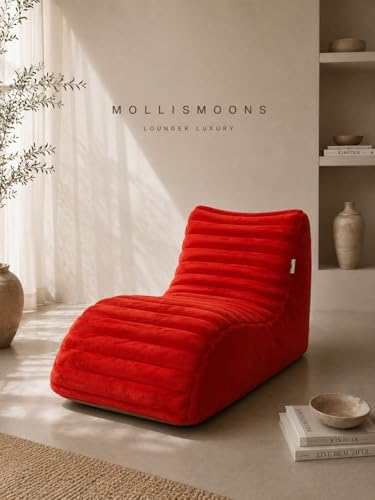 Image of Mollismoons Faux Fur Bean Bag Chair Cover for Adults & Kids | Luxury Lounger & Round Floor Sofa Seating | Modern Cozy Feel | No Beans Included (Red, Lounger)
