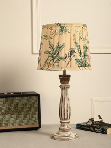 Image of Green Girgit Athens Wooden Lamp in Distress White Color with Pleeted Multiolor Green Shade, Vintage Style Table Lamp with Tropical Print Shade, Decorative Bedroom Lighting (LED Bulb Included)
