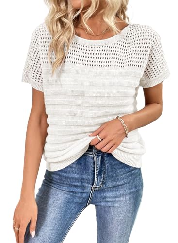 Image of SHEWIN Womens Sweaters Crew Neck Short Sleeve Shirts Summer Tops Knit Hollow Out T Shirts Sweater Blouses
