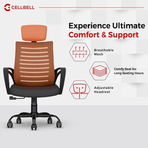 Image of CELLBELL Desire C104 Mesh High Back Ergonomic Office Chair - Adjustable Seat Height, Sturdy Metal Base, Revolving Study & Computer Chair for Work from Home, Orange