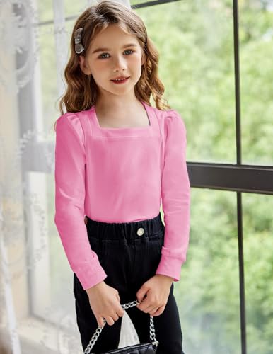 Image of Arshiner Girls Shirt Casual Square Neck Long Sleeve Shirts Fall Winter Tunic Tops For Girls 5-12 Years