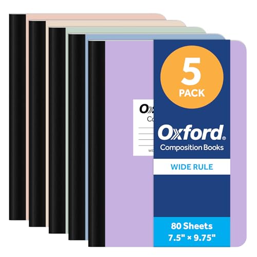 Oxford Composition Notebooks, 5 Pack, Wide Ruled, 7.5 x 9.75 Inches, 80 Sheets, 160 Pages, Assorted Pastel Covers, Conversion Chart and Class Schedule, Writing Supplies for Students and Teachers