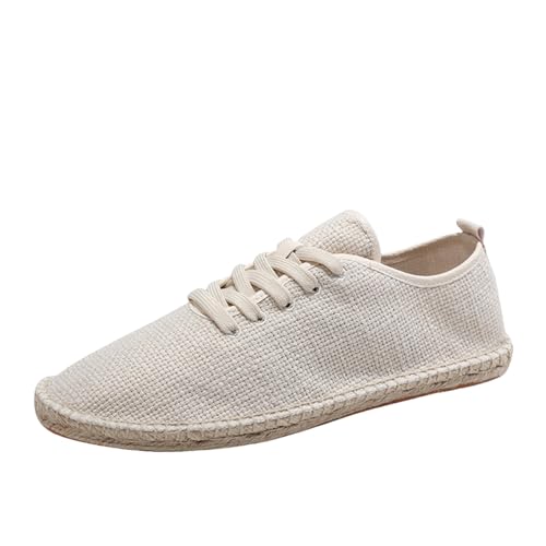 Alpargatas de lona para hombre, con cordones, ligeras, informales, para caminar, para hombre, parte superior tejida transpirable, suela plana suave, diseño de ribete de yute natural, ajuste flexible y