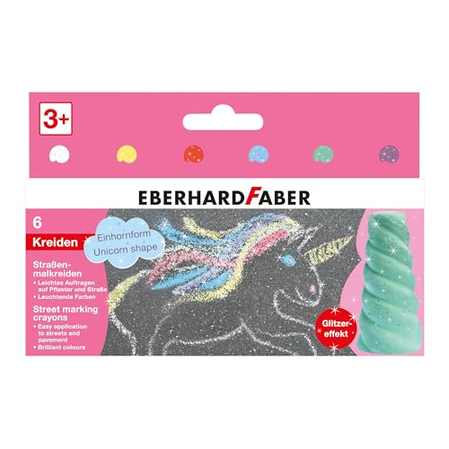 Eberhard Faber 526560 - Straßenkreide Glitzer Einhorn 6 leuchtende Farben Straßenmalkreide mit Glitzereffekt
