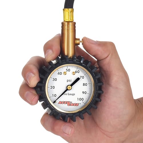 Image of Accu-Gage RRA100X Tire Pressure Gauge with Hose and Protective Rubber Guard, Right Angle Chuck, 100 PSI