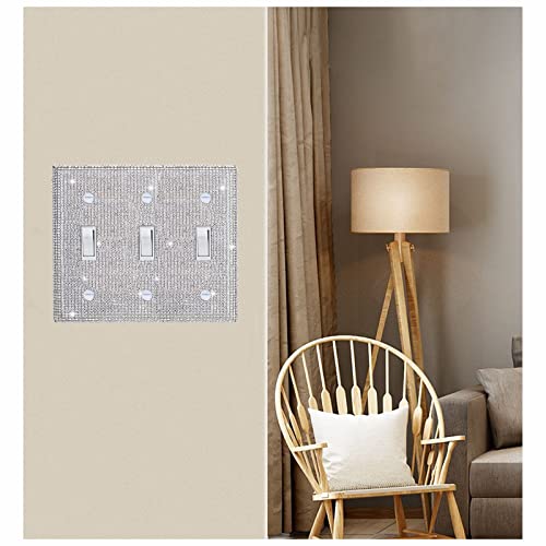 Image of Shiny Silver Rhinestones Wall Plate Cover Triple Toggle Light Switch Cover Durable Double Rhinestones Outlet Covers Wall Plate