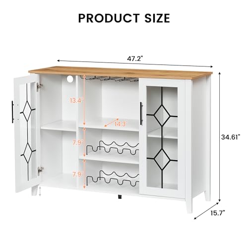 Image of Farmhouse Wine Bar Cabinet with LED Light, Wood Storage Cabinet with Glass Doors, Adjustable Shelves, Wine & Coffee Station for Dining Room, Living Room, Home Bar,White