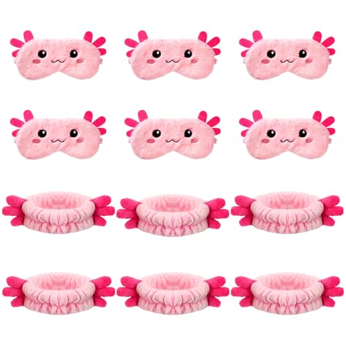 Kajaia 12 Pcs Axolotl Sleep Eye Masks and Spa Headband Set Cute Soft Sleepover Party Supplies Axolotl Party Favors Skincare Headbands Plush Eye Mask for Single Women Spa Pajama Supply(Pink)