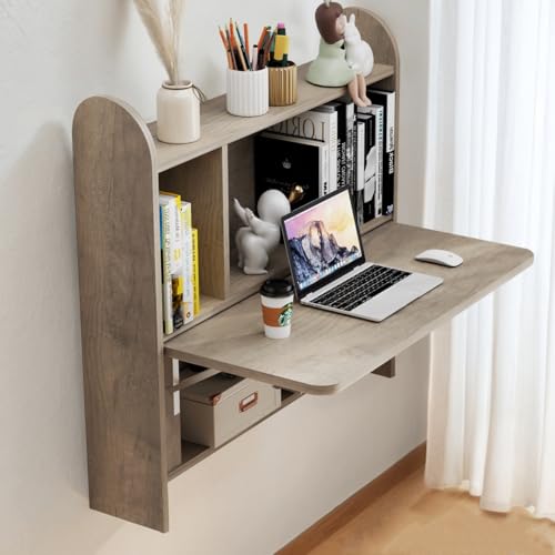 TuckTect Wall Mounted Drop-Leaf Table, Floating Laptop Desk, Folding Table