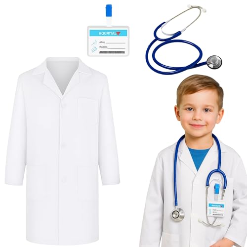 Arztkittel Kinder, 3-teiliges Arztkostüm für Kinder, Weißer Arztkittel mit Stethoskop und Namensschild, Ideal für Rollenspiele, Wissenschaftsklassen und Karneval