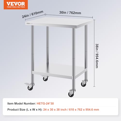 Image of VEVOR Stainless Steel Work Table 24 x 30 x 38 Inch, with 4 Wheels, 3 Adjustable Height Levels, Heavy Duty Food Prep Worktable for Commercial Kitchen Restaurant, Silver