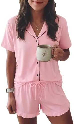 Ekouaer Womens Pajama Sets Button Down Cute Ruffled Pjs Set Sleepwear Pink