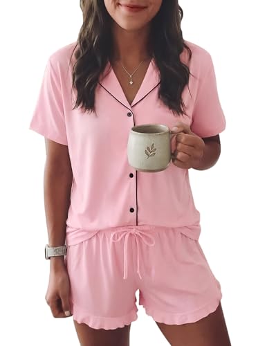 Ekouaer Womens Pajama Sets Button Down Short Sleeve Top and Shorts Cute Pjs Sets Sleepwear Pink