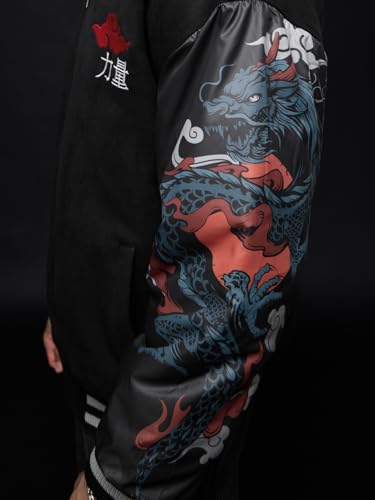 Image of The Souled Store Bomber Jacket: Dragon Men and Boys Full Sleeves Spread Collar Black Graphic Printed Polyester Oversized Fit Lightweight Winter Bomber Jacket