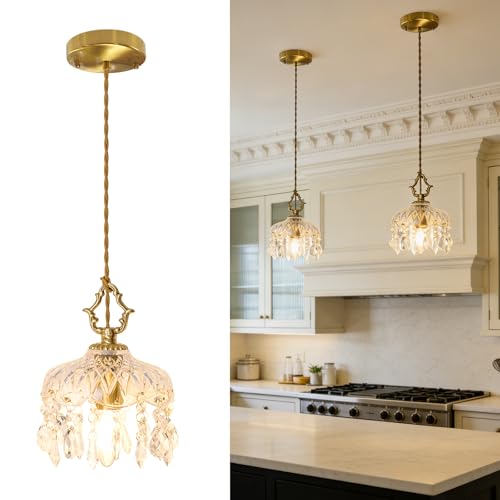 MODIVO Vintage Crystal Mini Pendant Light, Solid Brass & Textured Glass Shade, Hardwired Small Chandelier Hanging Lamp for Kitchen Island, Bedroom Bedside, Hallway, Entryway, Adjustable Height
