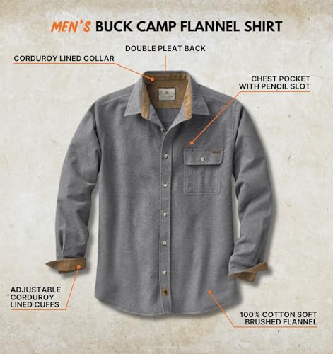 Legendary Whitetails Mens Flannel Shirt Long Sleeve Button Down 100% Cotton, Charcoal Heather, LRG
