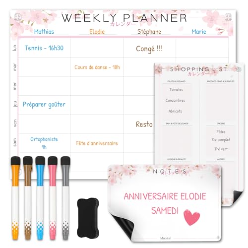 Calendrier Magnétique Frigo Sakura | Pack 3 : Tableau Semainier, Liste de Courses, Pense-Bête | Organisateur Familial | Planning des Tâches | Planner...