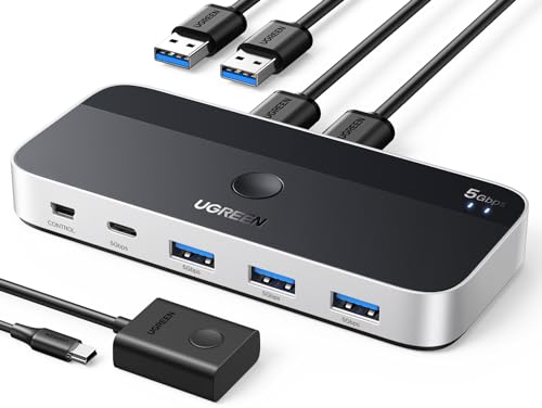 UGREEN USB 3.0 Switch 2 Computers Sharing USB A and C Peripherals, 4 Port Switcher Hub for 2 Computers Sharing Keyboard Mouse Webcam Microphone Headphones with 2 Pack 3.0 Cables and Remote-Black by UGREEN - Used condition - CA$41.70
