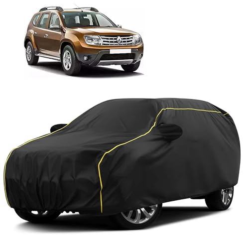 Image of Sulfar 100% Water Resistant Car Body Cover Compatible with Mirror for Renault Duster (Triple Stitched, Full Bottom Elastic, Black Taffeta with Yellow Piping)