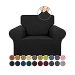 KEKUOU Stretch Single Sofa Slipcover 1 Piece Couch Sofa Cover (32"-55") Furniture Protector 1 Seater Sofa with Elastic Bottom for Kids,Pet.Jacquard Small Checked Pattern Fabric(Small,Black)