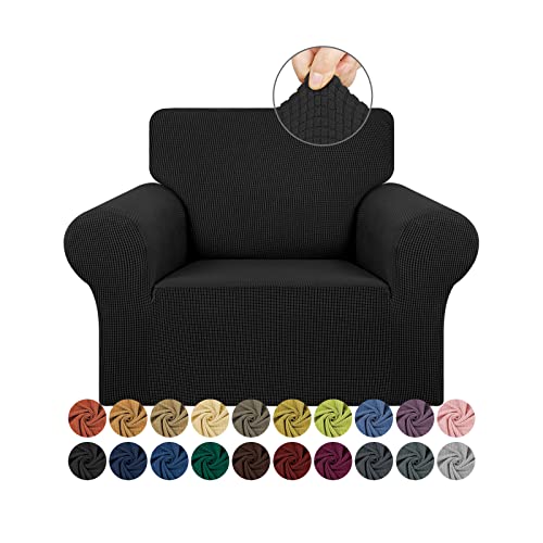 KEKUOU Stretch Single Sofa Slipcover 1 Piece Couch Sofa Cover (32″-55″) Furniture Protector 1 Seater Sofa with Elastic Bottom for Kids,Pet.Jacquard Small Checked Pattern Fabric(Small,Black)
