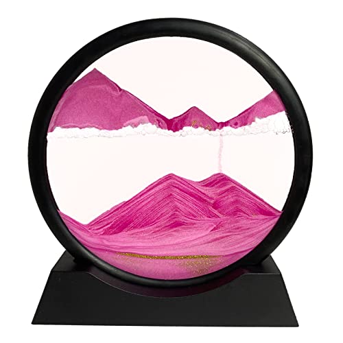 Yuomiker Dynamisch 3D Sandbilder zum Drehen, Fließende Sandmalerei runder Glas Rahmen, Bewegtes Sandbild Natürliche Landschaft, Entspannende Dekoration für Büro Heim Desktop-Kunst (Rosa, 7'') Cover