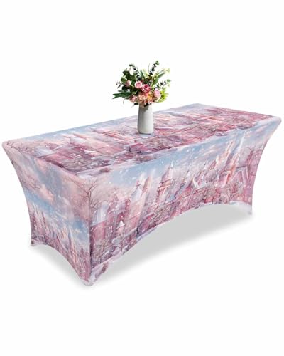 jdudh 5ft Stretch Spandex Tablecloth,Winter Snow Scene Christmas Town on
