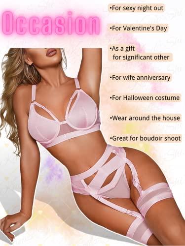 Kaei&Shi Garter Belt Thong Lingerie for Women,Strappy Hollow Out Sexy Lingerie,Underwire Mesh Sheer Matching 4 Piece Lingerie Set Petite Boudoir Light Pink Small