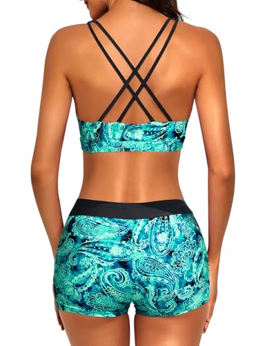 Image of 3 Piece Tankini Long Sleeve Swimsuits Athletic Rash Guard Bathing Suits | Modest,Full Coverage,High Waisted Short,Quick Dry,Criss Cross Back