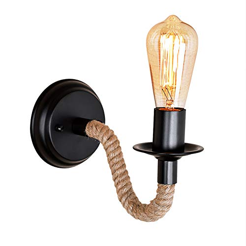 Lampada da parete E27 Luce da Muro Applique da Parete vintage retrò con corda di canapa industriale, in ferro, per ristorante, corridoio, soggiorno, balcone, corridoio (nessuna fonte di luce) (A)