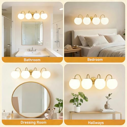 Image of Vintage Brushed Gold Bathroom Vanity Light Fixtures Over Mirror 4 Lights