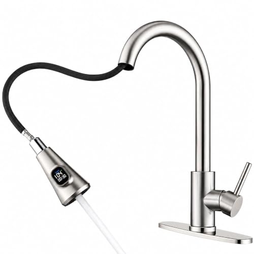 HOMELODY LED Temperature Display Kitchen Faucet with Pull Down Sprayer - Brushed Nickel Single Handle Kitchen Sink Faucet, High Arc Stainless Steel Design for RV Laundry Farmhouse Bar