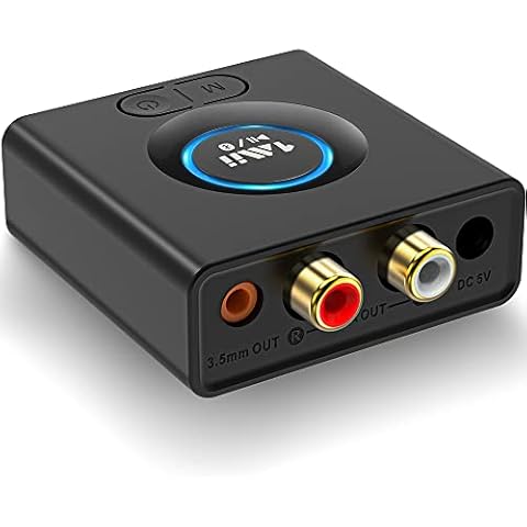 1Mii Bluetooth 5.0 Empfänger, Bluetooth Audio Adapter fürs Musik-Streaming-Sound System, drahtloser Audioadapter mit 3.5mm RCA für Lautsprecher Stereoanlage, Bass-Modus, 12 Stunden Spielzeit Cover