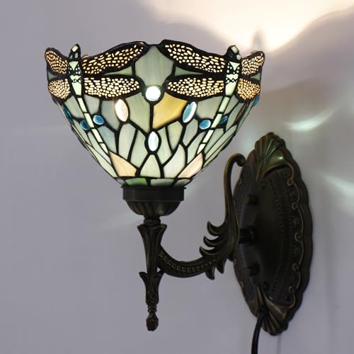 Image of Tiffany Wall Sconce Lamp Stained Glass 8X10.5X11 Inch Plug in Wall Bedside Light for Hallway Bedroom (Sea Blue Dragonfly Style)