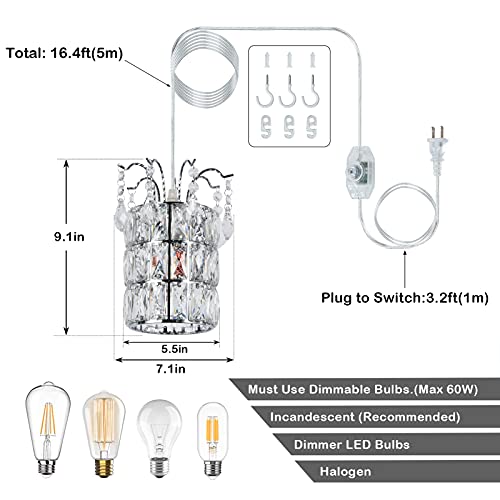 Airposta Dimmable Plug in Pendant Light, Crystal Mini Chandeliers, Modern Chrome Finish Crystal Hanging Chandelier Sparkly Ceiling Lamp for Kitchen Island Dining Room Bedroom Hallway, 16.4'(Ft) Cord - Image 6