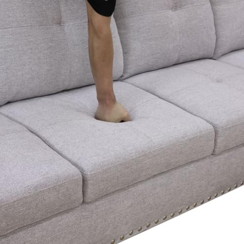 Image of L-Shaped 3-Piece Flannel Sofa with Ottoman, Sectional Couch Set for Living Room, Office, Apartment, with Cup Holder, Grey White