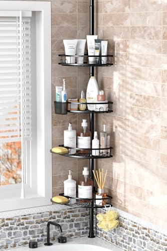 Tension Pole Shower Caddy Corner: Adjustable 4-Tier Bathroom Organizer Shelves - Rustproof Bathtub Shampoo Rack No-Drill Standing Shower Caddy for Renters Apartment & Family Bathroom 31-124 inch