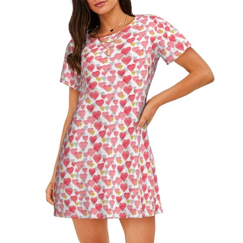 Robe de nuit légère anti-transpiration manches courtes motif cœur rose doré