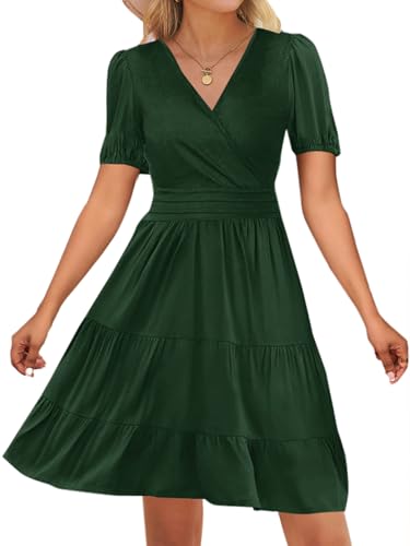 Image of Women's Casual Summer Dress V Neck Short Sleeve Flowy Stretchy Comfort Fit for Daily Wear Work Midi Dresses