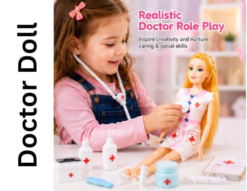 Image of BKDT Marketing Doctor Doll Playset for Girls, Doctor Nurse Doll & 11 Medical Accessories, Pretend Play Medical Kit, Educational Role Play Toy, Birthday Gift for Kids Age 3 4 5 6 Years