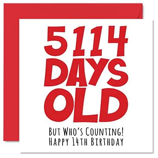 Stuff4 Tarjeta de felicitación de 14 cumpleaños para niños y niñas Él ella, 5114 días de edad, divertida tarjeta de felicitación de 145 mm x 145 mm