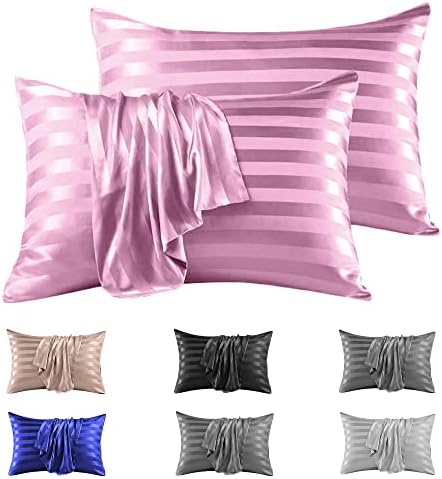 Stripe Satin Silk Pillowcase Pillow cover for Hair and Skin with Envelope Closure Pillow case 50 x 75 cm (White 2 Pcs)