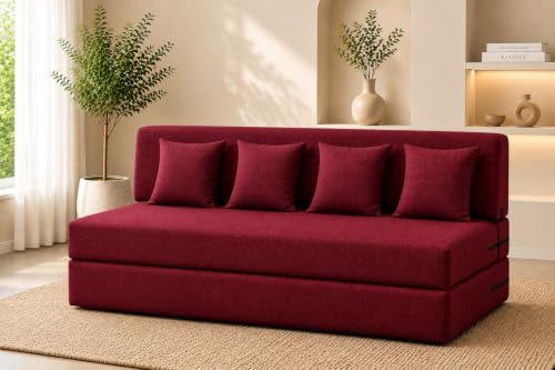 Image of Four Seater Sofa Cum Bed 6x6 Ft with Soft Foam Cushioning, Comfortable Foldable Sofa Bed for Living Room, Bedroom, Guest Room & Office(Mehroon)