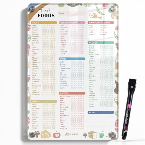 BIROYAL Acryl Baby First Foods Checkliste Magnet mit 1 Marker, Baby-LED-Entwöhnungsbedarf, Baby First Foods Tracker Kühlschrank, 30 x 20 cm Babynahrungsdiagramm, tägliches Essensprotokoll, 101