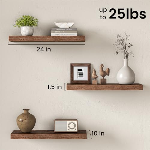 Image of Fun Memories 10 inch Deep Floating Shelves with Invisible Brackets, 24 inch Wall Shelves for Bathroom Bedroom Living Room, Modern Rustic Shelves for Home Decor, 24 inch W x 10 inch D x 1.5 inch H, Set of 3, Brown